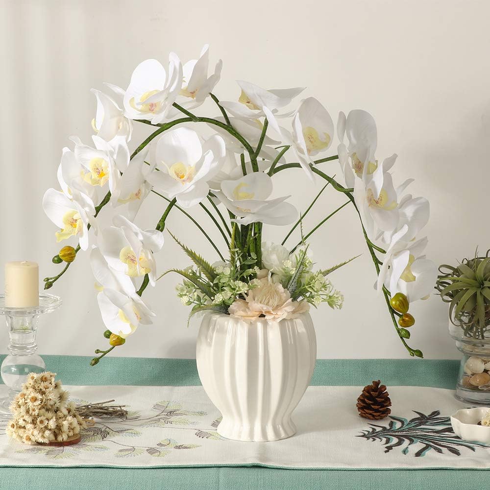 Artificial Potted Orchid Flower for Table Centerpieces,Real Touch White Fake Orchid Flowers in Vase for Home Decoration (Style 2,Black Vase)