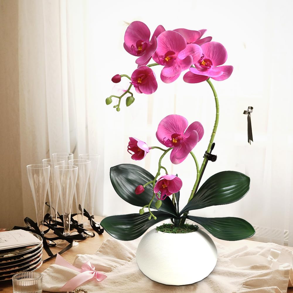 Artificial Potted Orchid Flower for Table Centerpieces,Real Touch White Fake Orchid Flowers in Vase for Home Decoration (Style 2,Black Vase)