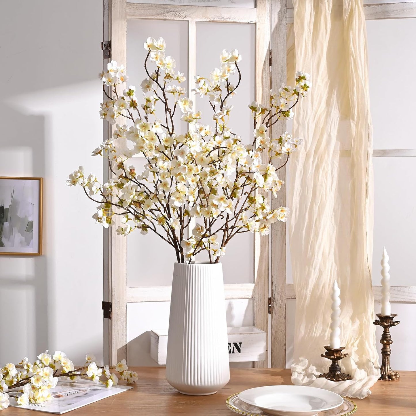 36'' Cherry Blossom Decor, 4 Pcs Long Stem Artificial Flowers for Tall Vase | Cherry Blossom Tree Branches for Floral Arrangements Wedding Spring Decorations (Yellow)