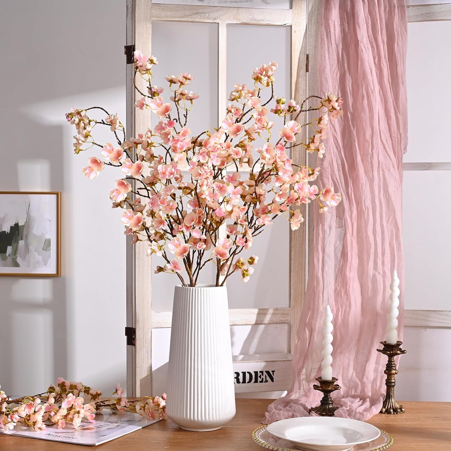 36'' Cherry Blossom Decor, 4 Pcs Long Stem Artificial Flowers for Tall Vase | Cherry Blossom Tree Branches for Floral Arrangements Wedding Spring Decorations (Yellow)