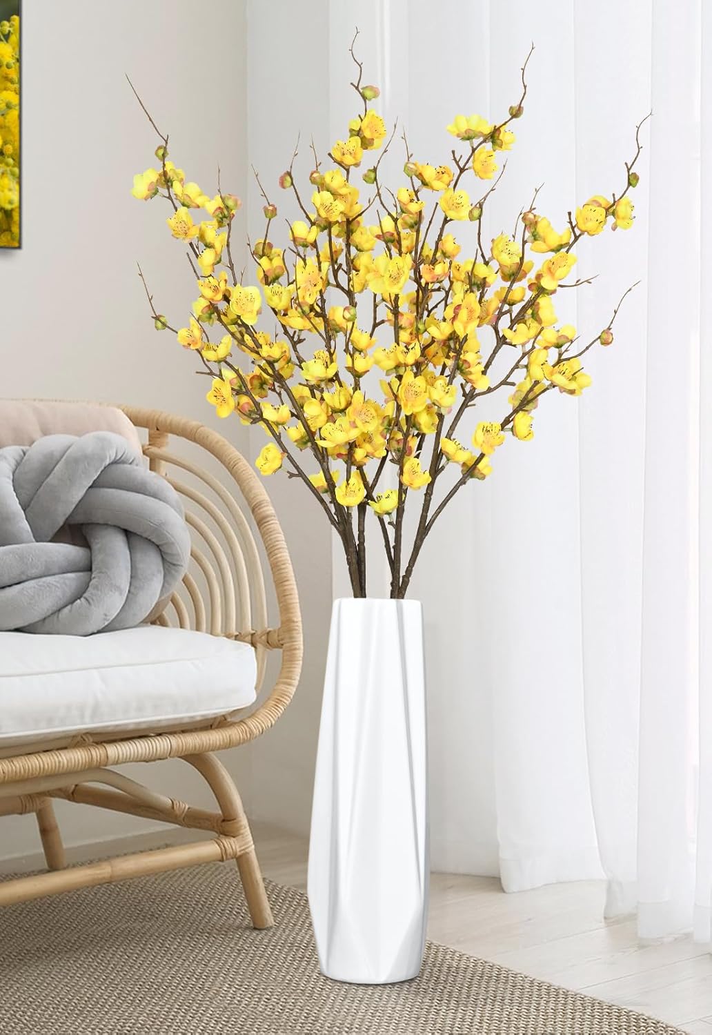36'' Cherry Blossom Decor, 4 Pcs Long Stem Artificial Flowers for Tall Vase | Cherry Blossom Tree Branches for Floral Arrangements Wedding Spring Decorations (Yellow)