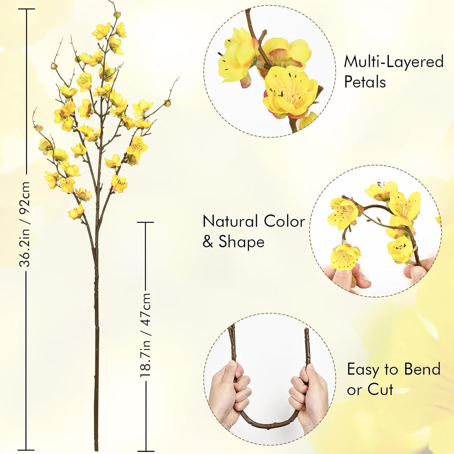 36'' Cherry Blossom Decor, 4 Pcs Long Stem Artificial Flowers for Tall Vase | Cherry Blossom Tree Branches for Floral Arrangements Wedding Spring Decorations (Yellow)