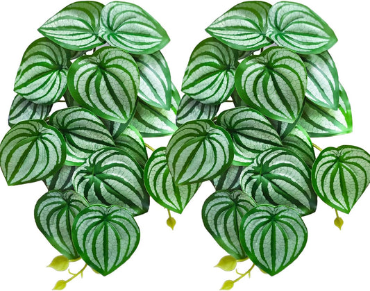 Reptile Plants for Terrarium, Artificial Hanging Plants with Suction Cups, Amphibian Tank Habitat Decor Plastic Plant for Bearded Dragons Lizards Snake Geckos Frogs - 2Pack Fake Monstera