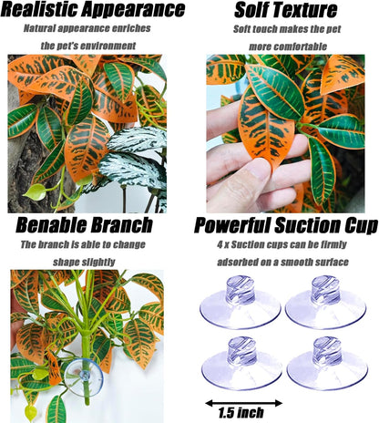 Reptile Plants for Terrarium, Artificial Hanging Plants with Suction Cups, Amphibian Tank Habitat Decor Plastic Plant for Bearded Dragons Lizards Snake Geckos Frogs - 2Pack Fake Monstera