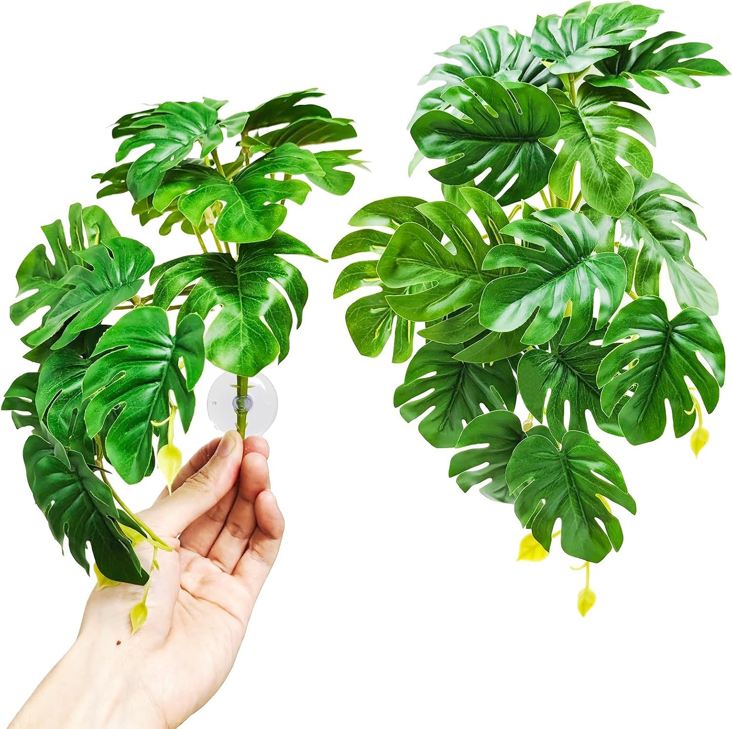 Reptile Plants for Terrarium, Artificial Hanging Plants with Suction Cups, Amphibian Tank Habitat Decor Plastic Plant for Bearded Dragons Lizards Snake Geckos Frogs - 2Pack Fake Monstera