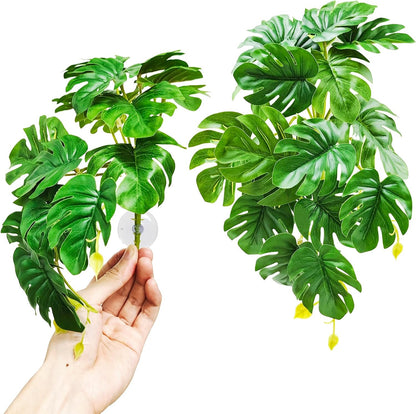 Reptile Plants for Terrarium, Artificial Hanging Plants with Suction Cups, Amphibian Tank Habitat Decor Plastic Plant for Bearded Dragons Lizards Snake Geckos Frogs - 2Pack Fake Monstera