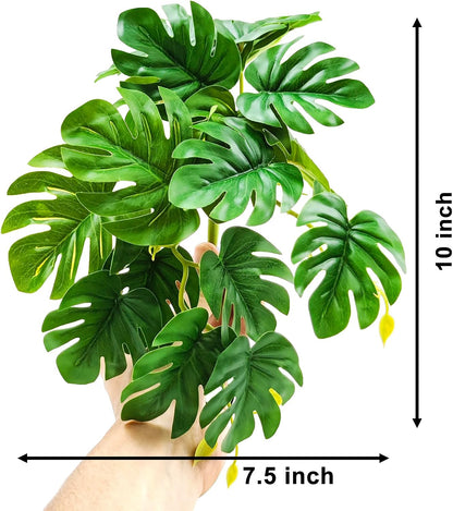 Reptile Plants for Terrarium, Artificial Hanging Plants with Suction Cups, Amphibian Tank Habitat Decor Plastic Plant for Bearded Dragons Lizards Snake Geckos Frogs - 2Pack Fake Monstera