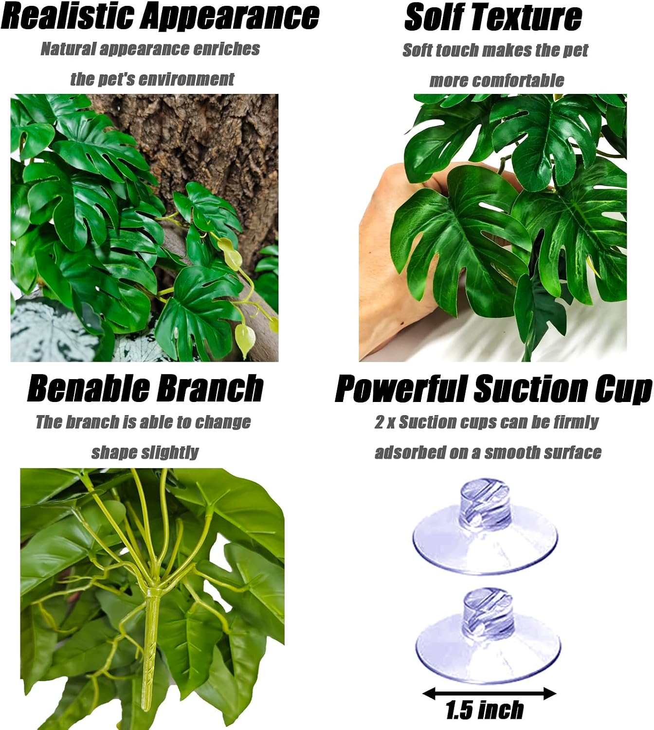 Reptile Plants for Terrarium, Artificial Hanging Plants with Suction Cups, Amphibian Tank Habitat Decor Plastic Plant for Bearded Dragons Lizards Snake Geckos Frogs - 2Pack Fake Monstera