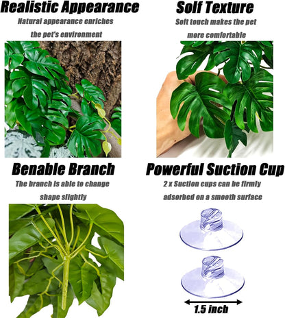 Reptile Plants for Terrarium, Artificial Hanging Plants with Suction Cups, Amphibian Tank Habitat Decor Plastic Plant for Bearded Dragons Lizards Snake Geckos Frogs - 2Pack Fake Monstera