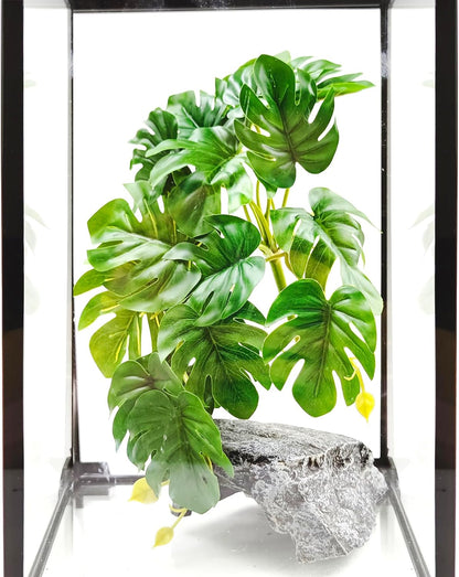 Reptile Plants for Terrarium, Artificial Hanging Plants with Suction Cups, Amphibian Tank Habitat Decor Plastic Plant for Bearded Dragons Lizards Snake Geckos Frogs - 2Pack Fake Monstera