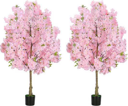 Set of 2 Pink Artificial Cherry Blossom Trees, Realistic Potted Faux Cherry Tree, Silk Flower Fake Tree, Artificial Plants for Home Office Wedding Party Indoor Outdoor Front Door Decoration (4FT)
