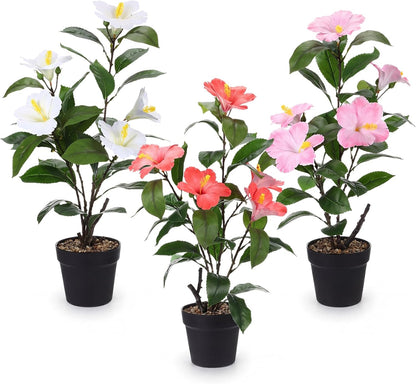 3 Pack Artificial Hibiscus Plant 24 Inch/ 2 ft Realistic Faux Hibiscus Flower in Pot Fake Flowers Potted Plant for Indoor Home Office Farmhouse Entryway Living Room Decor (White, Orange, Pink)