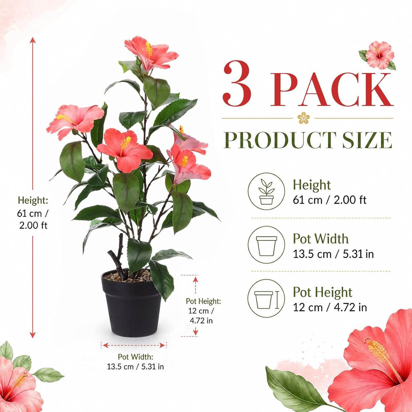 3 Pack Artificial Hibiscus Plant 24 Inch/ 2 ft Realistic Faux Hibiscus Flower in Pot Fake Flowers Potted Plant for Indoor Home Office Farmhouse Entryway Living Room Decor (White, Orange, Pink)