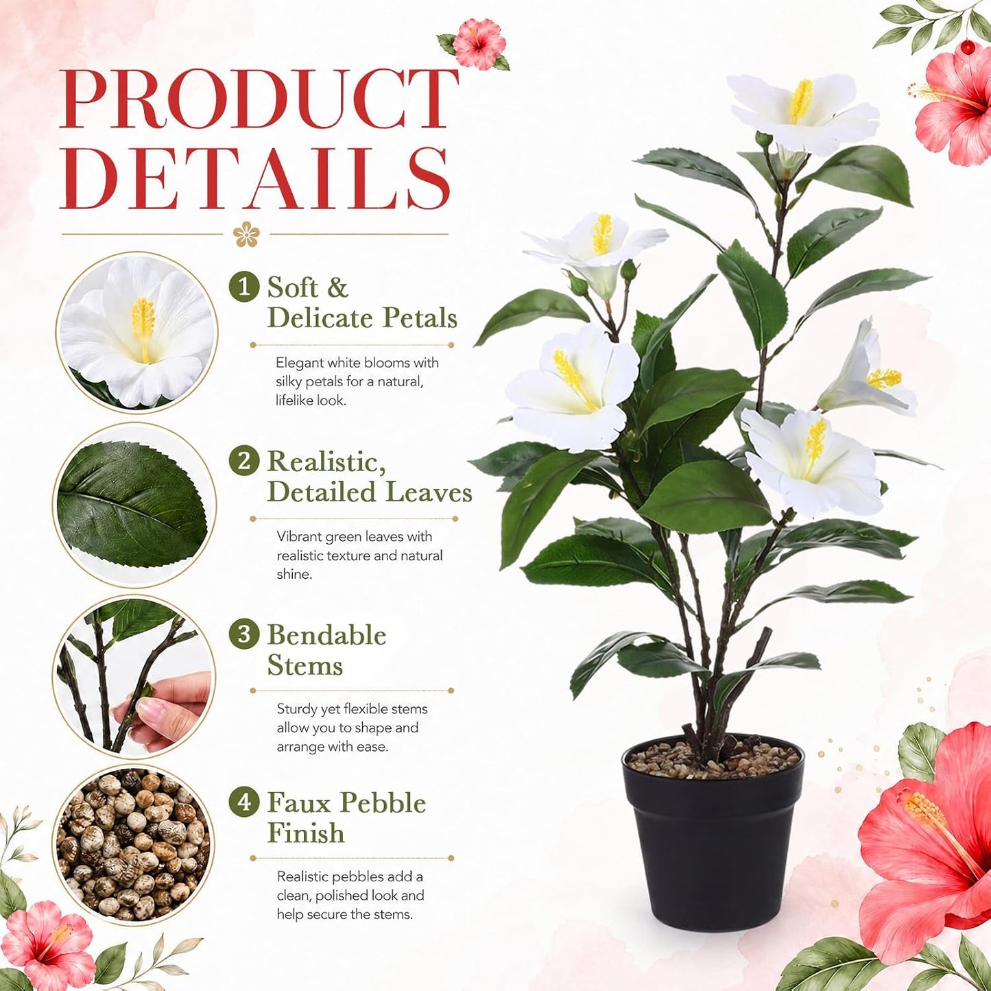 3 Pack Artificial Hibiscus Plant 24 Inch/ 2 ft Realistic Faux Hibiscus Flower in Pot Fake Flowers Potted Plant for Indoor Home Office Farmhouse Entryway Living Room Decor (White, Orange, Pink)