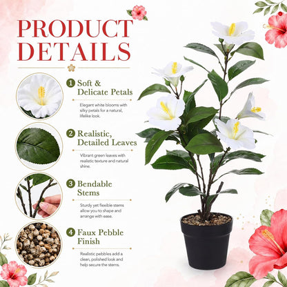 3 Pack Artificial Hibiscus Plant 24 Inch/ 2 ft Realistic Faux Hibiscus Flower in Pot Fake Flowers Potted Plant for Indoor Home Office Farmhouse Entryway Living Room Decor (White, Orange, Pink)
