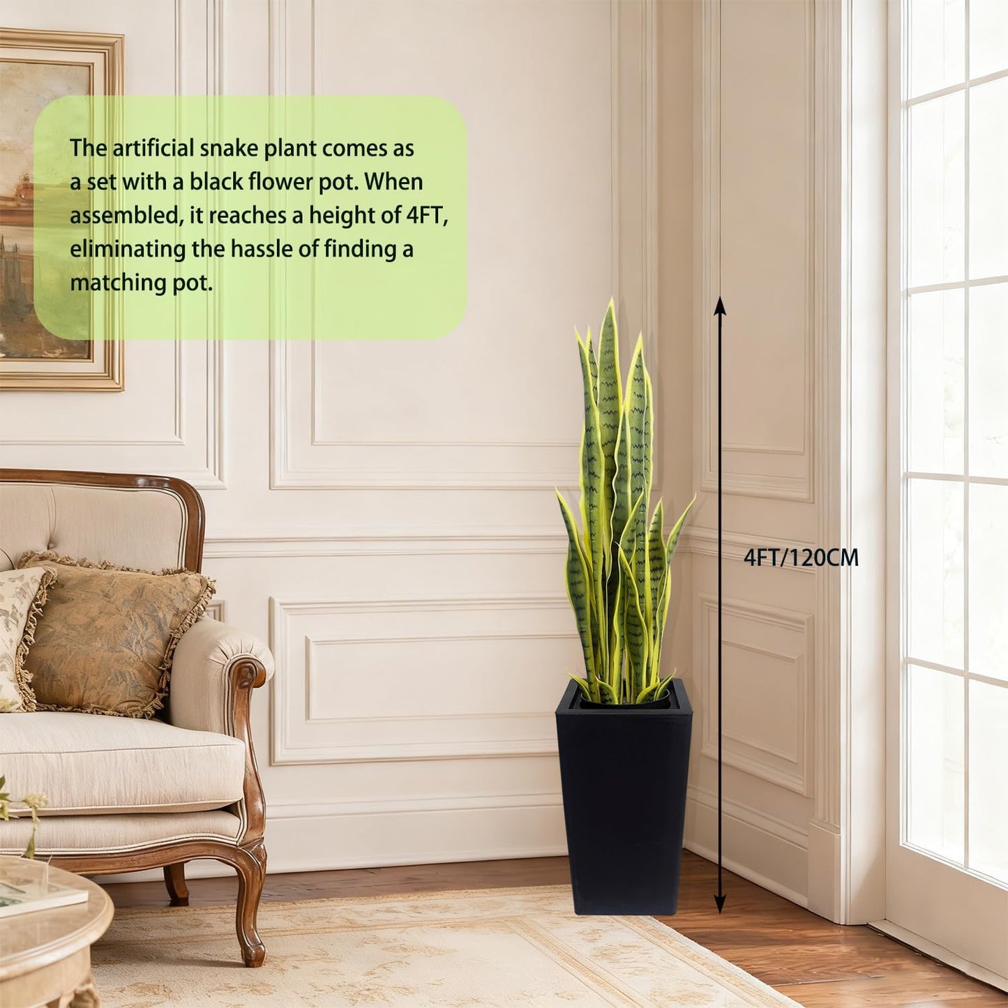 4FT- Artificial Snake Plant, 24 PVC Lifelike Leaves, 35in Faux Sansevieria for Indoor Home & Garden Decor, Tall Planter Potted Mother-in-Law's Tongue Plants, Green