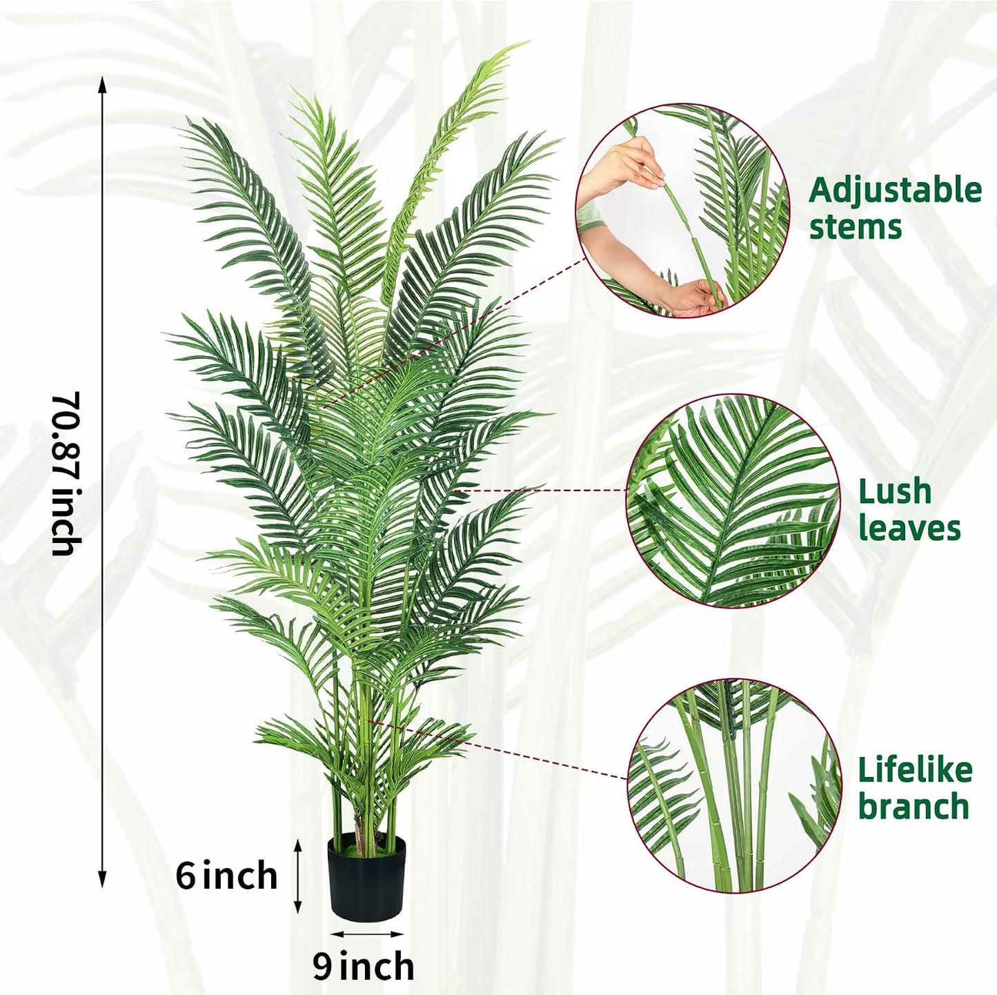 6FT Artificial Palm Tree,Faux Areca Palm Plant with Real Touch Leaves and Adjustable Branches,Fake Tropical Palm Tree for Home Office Indoor Outdoor Modern Decoration