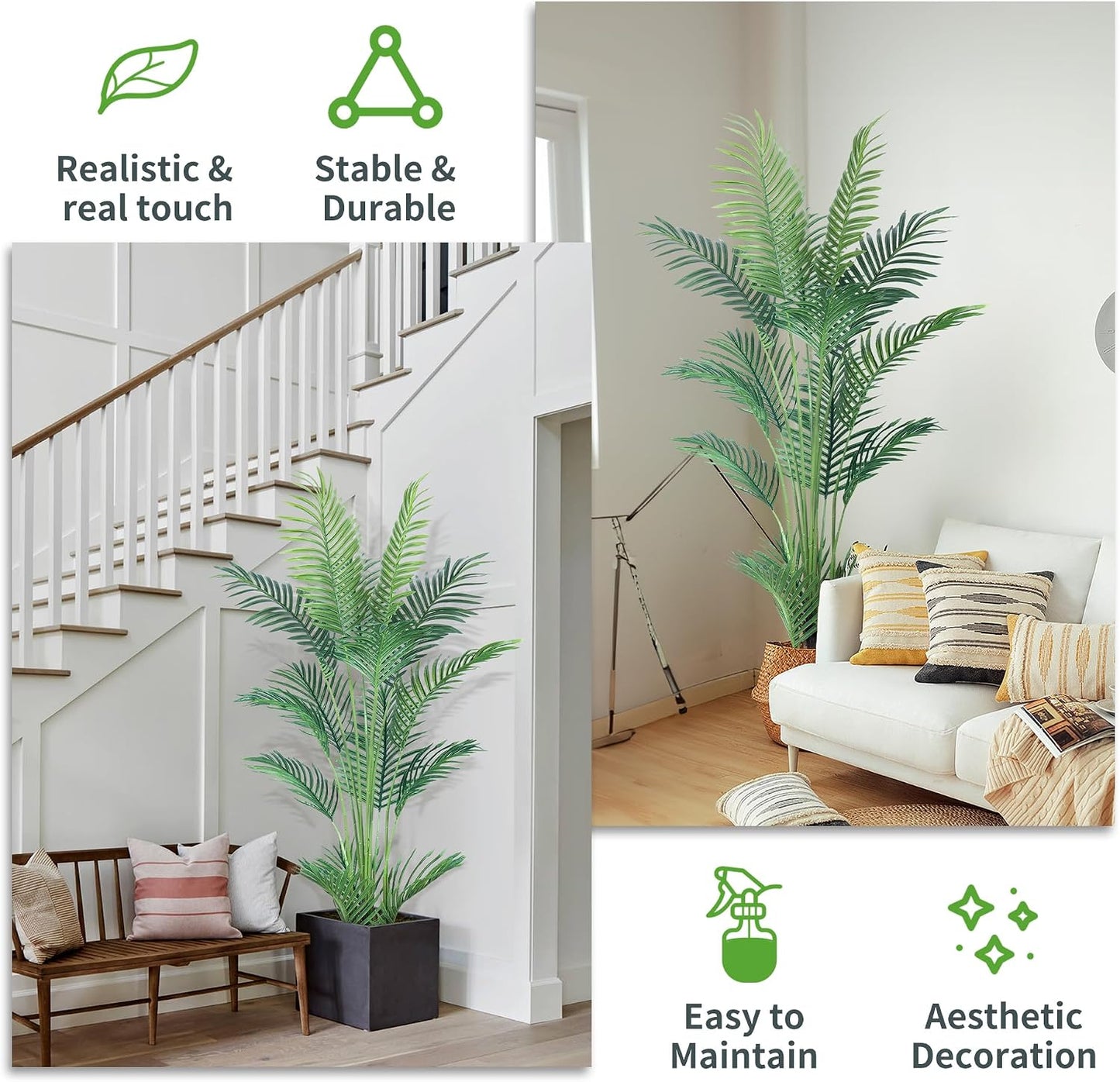 6FT Artificial Palm Tree,Faux Areca Palm Plant with Real Touch Leaves and Adjustable Branches,Fake Tropical Palm Tree for Home Office Indoor Outdoor Modern Decoration