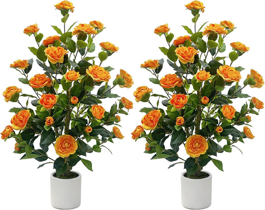 Artificial Camellia Tree, 3FT Faux Flowering Camellia Plant Indoor Outdoor, Realistic Silk Artificial Flower in Planter, Greenery Faux Fake Tree Plant for Home Office Porch Patio Decor, Orange