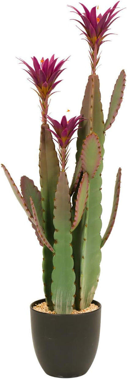 3ft Tall Artificial Cactus with Magenta Flower in Pot, Fake Cacti Plant of Satin Finish Leaves with Real Look, Outdoor & Indoor Faux Plants for Home Office Hotel Patio Balcony or Garden Decor