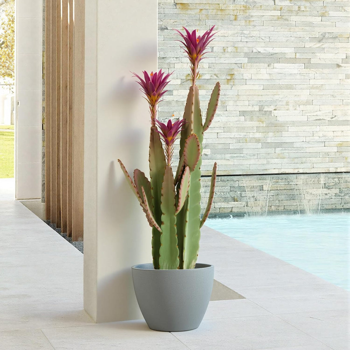 3ft Tall Artificial Cactus with Magenta Flower in Pot, Fake Cacti Plant of Satin Finish Leaves with Real Look, Outdoor & Indoor Faux Plants for Home Office Hotel Patio Balcony or Garden Decor