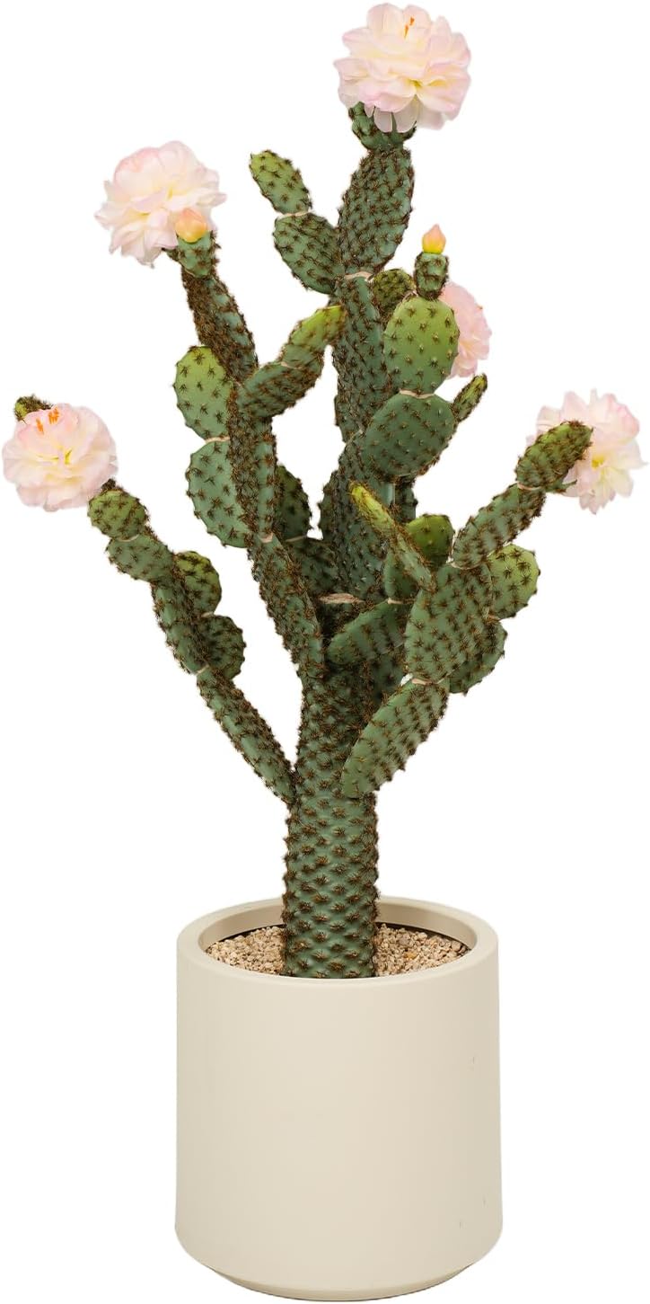 3ft Tall Artificial Cactus with Magenta Flower in Pot, Fake Cacti Plant of Satin Finish Leaves with Real Look, Outdoor & Indoor Faux Plants for Home Office Hotel Patio Balcony or Garden Decor