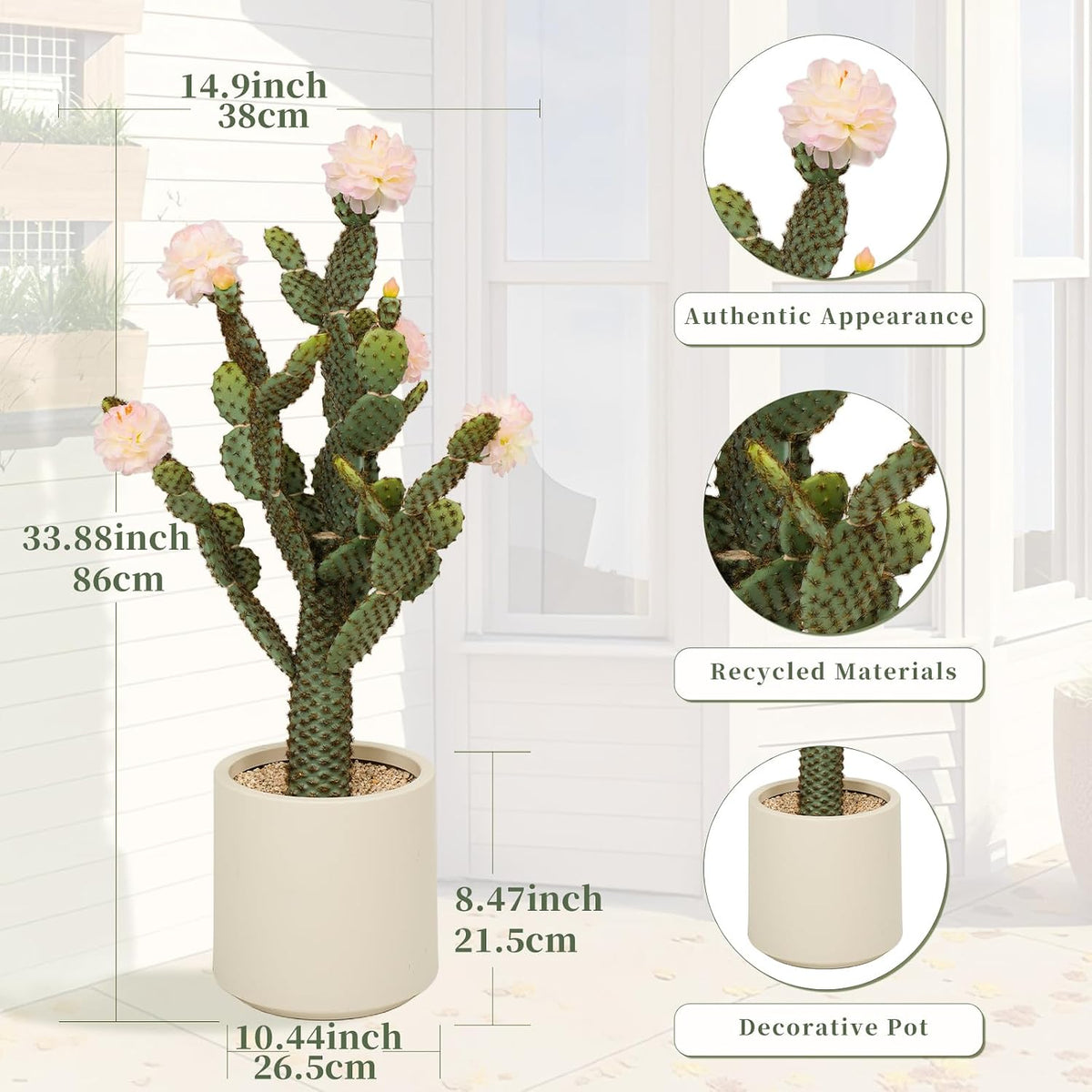 3ft Tall Artificial Cactus with Magenta Flower in Pot, Fake Cacti Plant of Satin Finish Leaves with Real Look, Outdoor & Indoor Faux Plants for Home Office Hotel Patio Balcony or Garden Decor