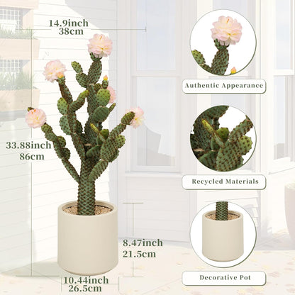 3ft Tall Artificial Cactus with Magenta Flower in Pot, Fake Cacti Plant of Satin Finish Leaves with Real Look, Outdoor & Indoor Faux Plants for Home Office Hotel Patio Balcony or Garden Decor