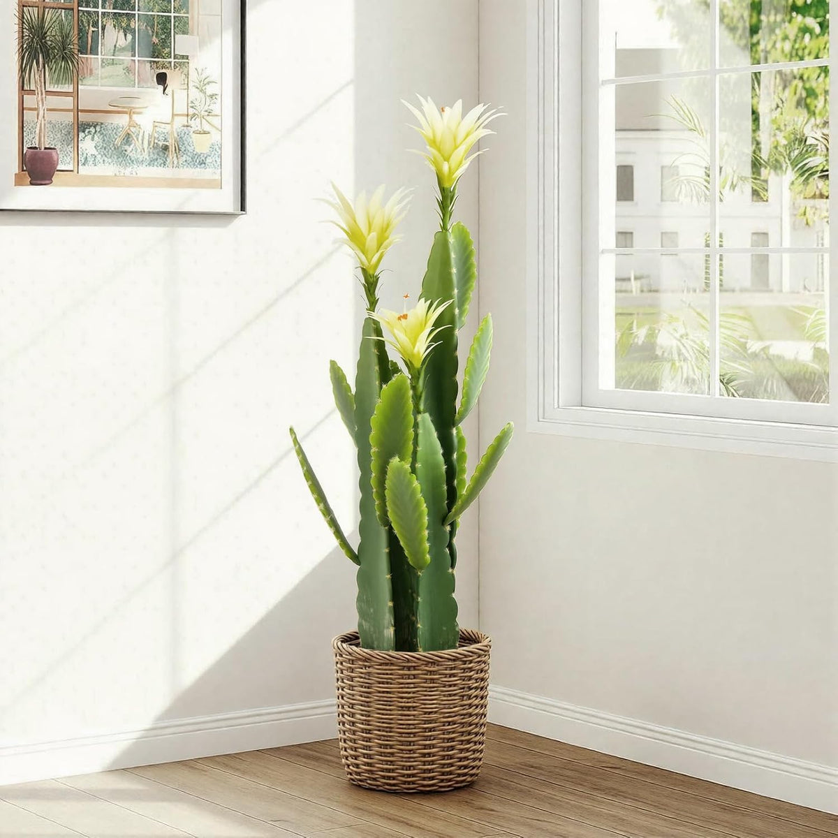 3ft Tall Artificial Cactus with Magenta Flower in Pot, Fake Cacti Plant of Satin Finish Leaves with Real Look, Outdoor & Indoor Faux Plants for Home Office Hotel Patio Balcony or Garden Decor