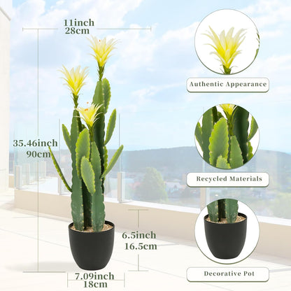 3ft Tall Artificial Cactus with Magenta Flower in Pot, Fake Cacti Plant of Satin Finish Leaves with Real Look, Outdoor & Indoor Faux Plants for Home Office Hotel Patio Balcony or Garden Decor