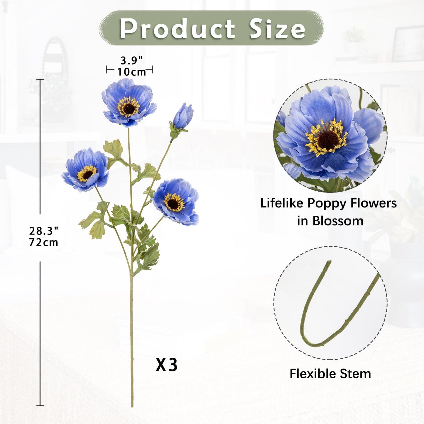 28.3" Red Artificial Flowers Poppy Flowers 3Pcs Silk Fake Poppy Flowers Real Touch Faux Poppies Spring Flower Long Stem Arrangement with 4 Heads for Party Centerpiece Bouquet Table Home Decoration
