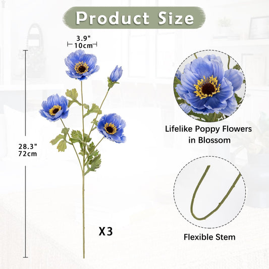 28.3" Red Artificial Flowers Poppy Flowers 3Pcs Silk Fake Poppy Flowers Real Touch Faux Poppies Spring Flower Long Stem Arrangement with 4 Heads for Party Centerpiece Bouquet Table Home Decoration