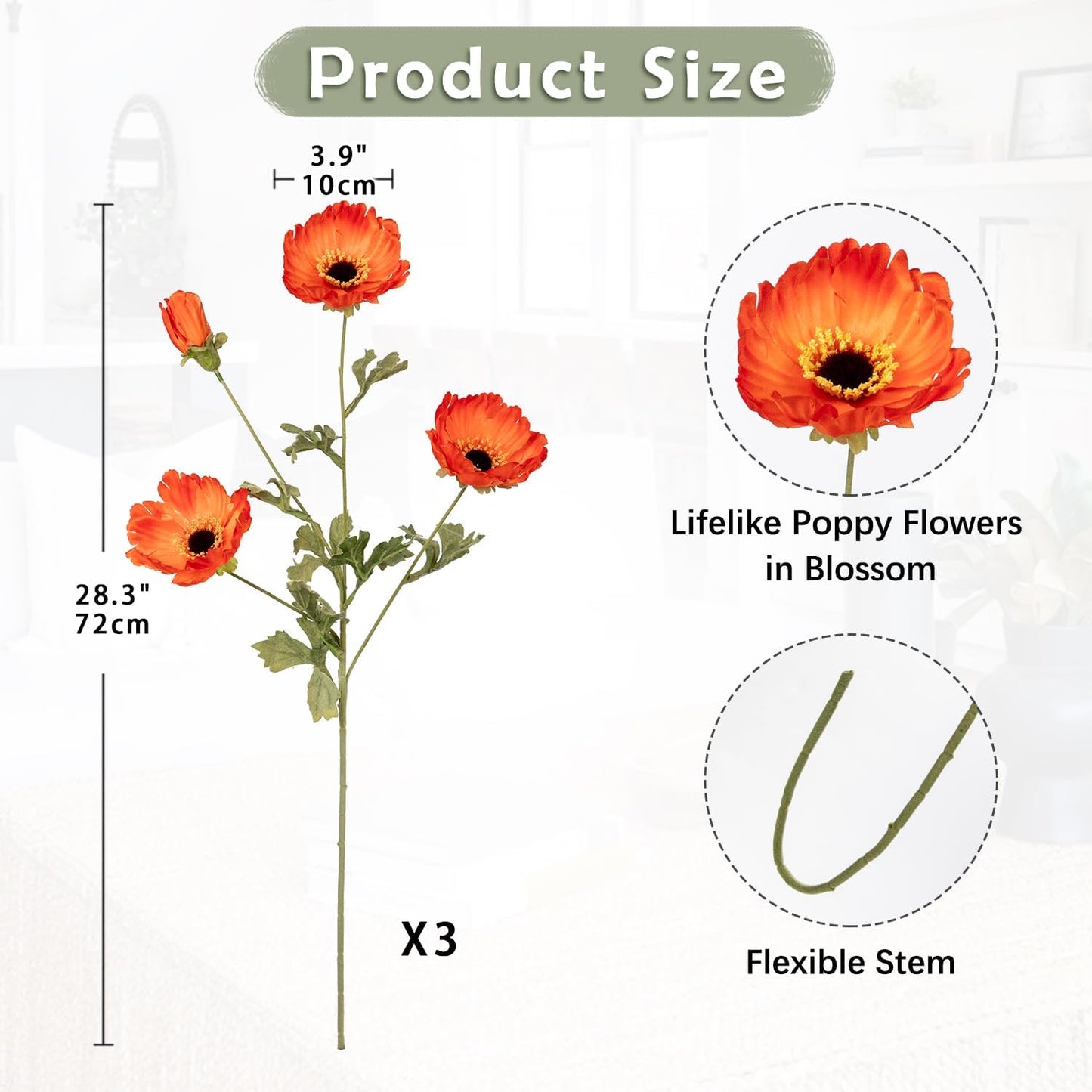 28.3" Red Artificial Flowers Poppy Flowers 3Pcs Silk Fake Poppy Flowers Real Touch Faux Poppies Spring Flower Long Stem Arrangement with 4 Heads for Party Centerpiece Bouquet Table Home Decoration