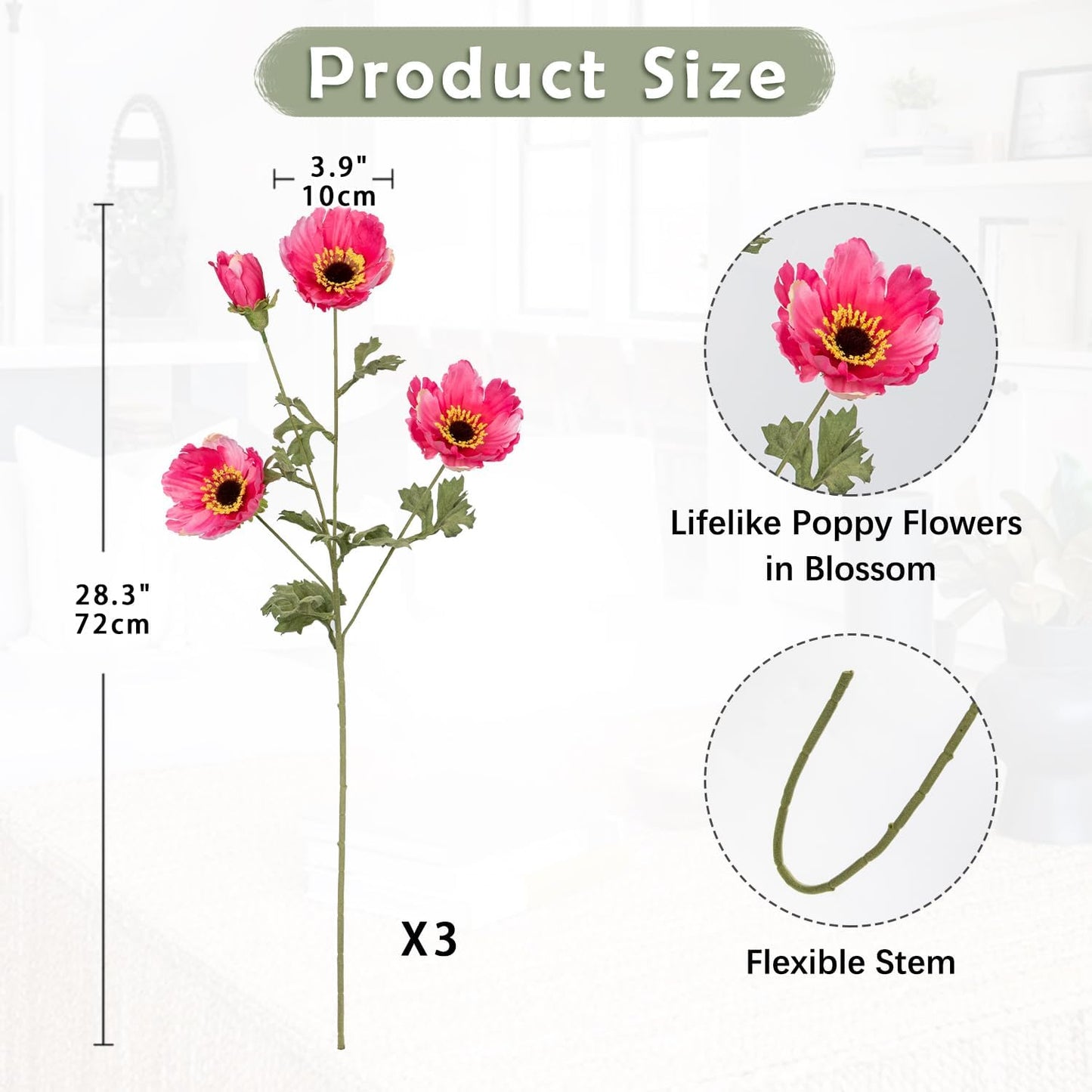 28.3" Red Artificial Flowers Poppy Flowers 3Pcs Silk Fake Poppy Flowers Real Touch Faux Poppies Spring Flower Long Stem Arrangement with 4 Heads for Party Centerpiece Bouquet Table Home Decoration