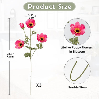 28.3" Red Artificial Flowers Poppy Flowers 3Pcs Silk Fake Poppy Flowers Real Touch Faux Poppies Spring Flower Long Stem Arrangement with 4 Heads for Party Centerpiece Bouquet Table Home Decoration