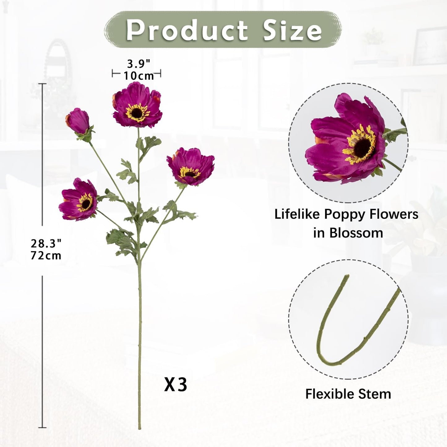 28.3" Red Artificial Flowers Poppy Flowers 3Pcs Silk Fake Poppy Flowers Real Touch Faux Poppies Spring Flower Long Stem Arrangement with 4 Heads for Party Centerpiece Bouquet Table Home Decoration