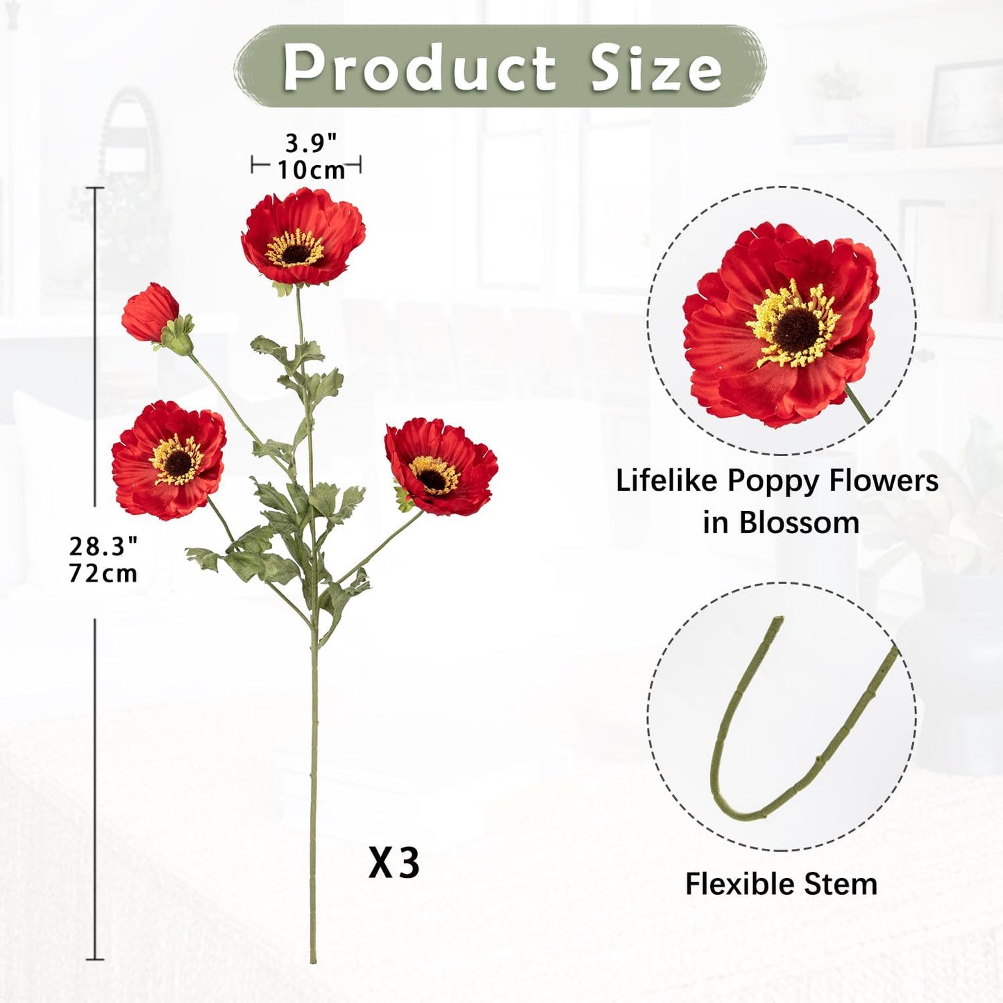 28.3" Red Artificial Flowers Poppy Flowers 3Pcs Silk Fake Poppy Flowers Real Touch Faux Poppies Spring Flower Long Stem Arrangement with 4 Heads for Party Centerpiece Bouquet Table Home Decoration