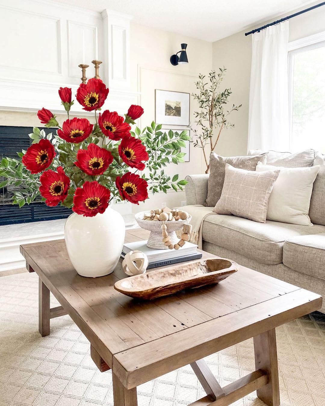 28.3" Red Artificial Flowers Poppy Flowers 3Pcs Silk Fake Poppy Flowers Real Touch Faux Poppies Spring Flower Long Stem Arrangement with 4 Heads for Party Centerpiece Bouquet Table Home Decoration