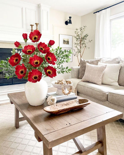 28.3" Red Artificial Flowers Poppy Flowers 3Pcs Silk Fake Poppy Flowers Real Touch Faux Poppies Spring Flower Long Stem Arrangement with 4 Heads for Party Centerpiece Bouquet Table Home Decoration