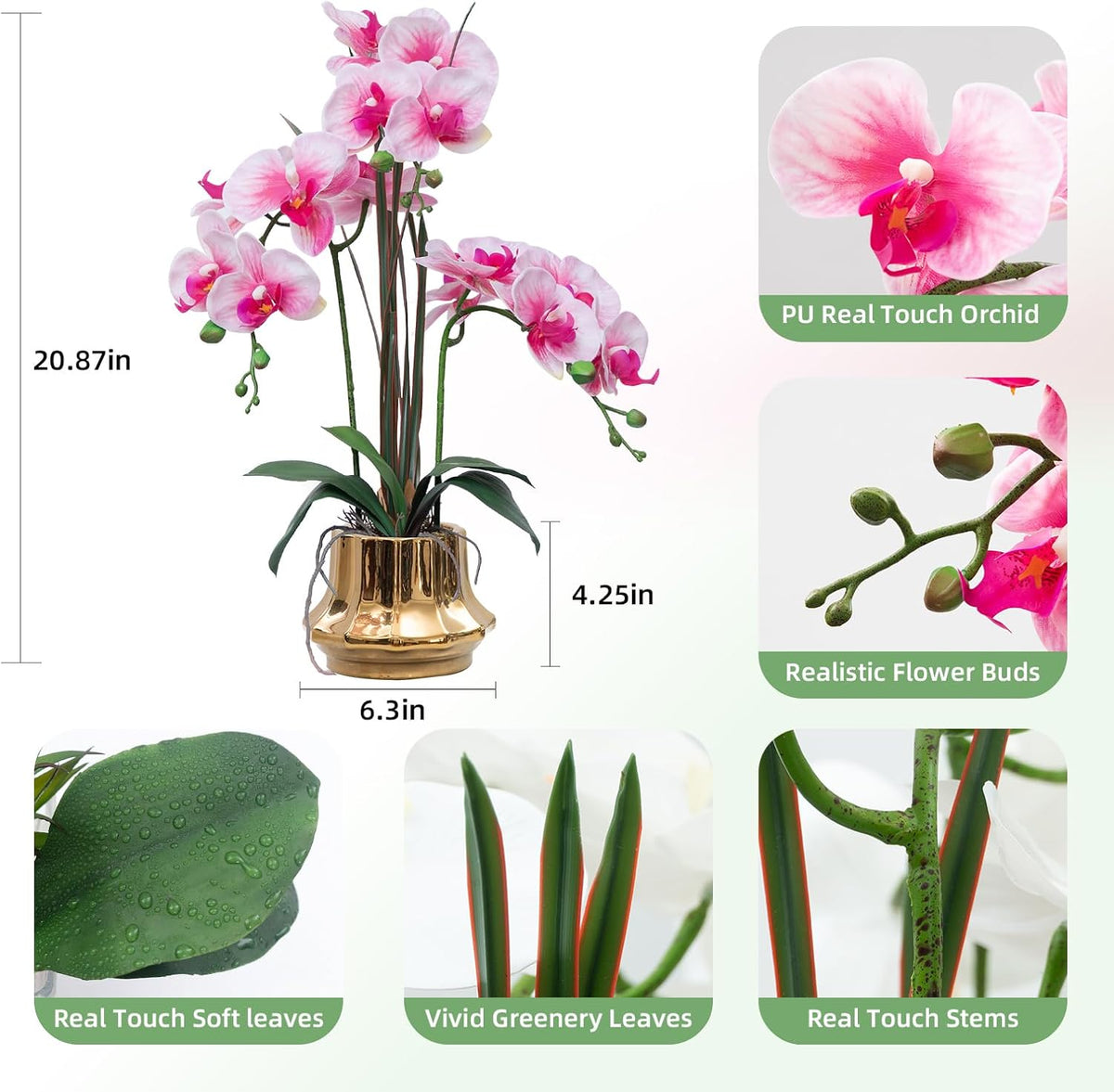 Artificial Orchid Flower Plant 20.9'' Real Touch Faux Orchids in Ceramic Vase Purple Dapple Fake Phalaenopsis Flower Arrangement Silk Orchids with Stems for Centerpiece Table Home Indoor Decor