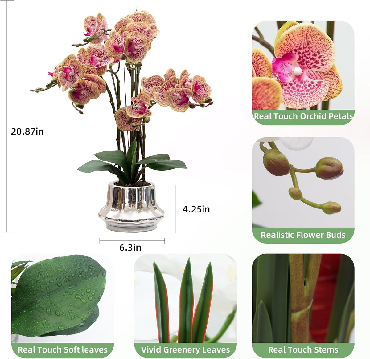 Artificial Orchid Flower Plant 20.9'' Real Touch Faux Orchids in Ceramic Vase Purple Dapple Fake Phalaenopsis Flower Arrangement Silk Orchids with Stems for Centerpiece Table Home Indoor Decor