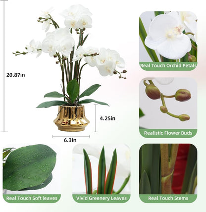 Artificial Orchid Flower Plant 20.9'' Real Touch Faux Orchids in Ceramic Vase Purple Dapple Fake Phalaenopsis Flower Arrangement Silk Orchids with Stems for Centerpiece Table Home Indoor Decor