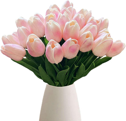 18pcs Artificial Tulips 13" PU Fake Flower Bouquet | Light Pink Tulips with PU Petals & Wire Stem. Ideal for Bedroom, Nursery, Photo Props, Gifts, DIY Flower Arrangement