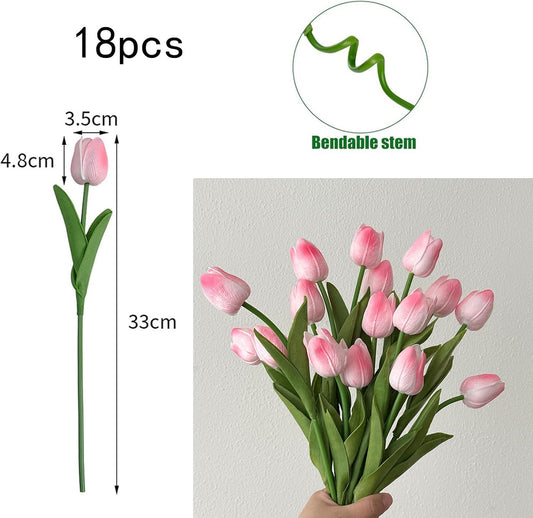 18pcs Artificial Tulips 13" PU Fake Flower Bouquet | Light Pink Tulips with PU Petals & Wire Stem. Ideal for Bedroom, Nursery, Photo Props, Gifts, DIY Flower Arrangement