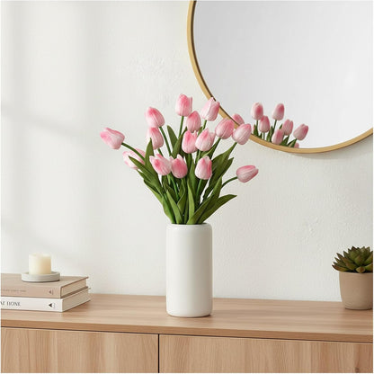 18pcs Artificial Tulips 13" PU Fake Flower Bouquet | Light Pink Tulips with PU Petals & Wire Stem. Ideal for Bedroom, Nursery, Photo Props, Gifts, DIY Flower Arrangement