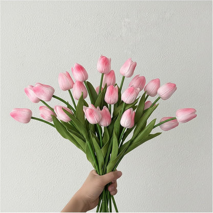 18pcs Artificial Tulips 13" PU Fake Flower Bouquet | Light Pink Tulips with PU Petals & Wire Stem. Ideal for Bedroom, Nursery, Photo Props, Gifts, DIY Flower Arrangement