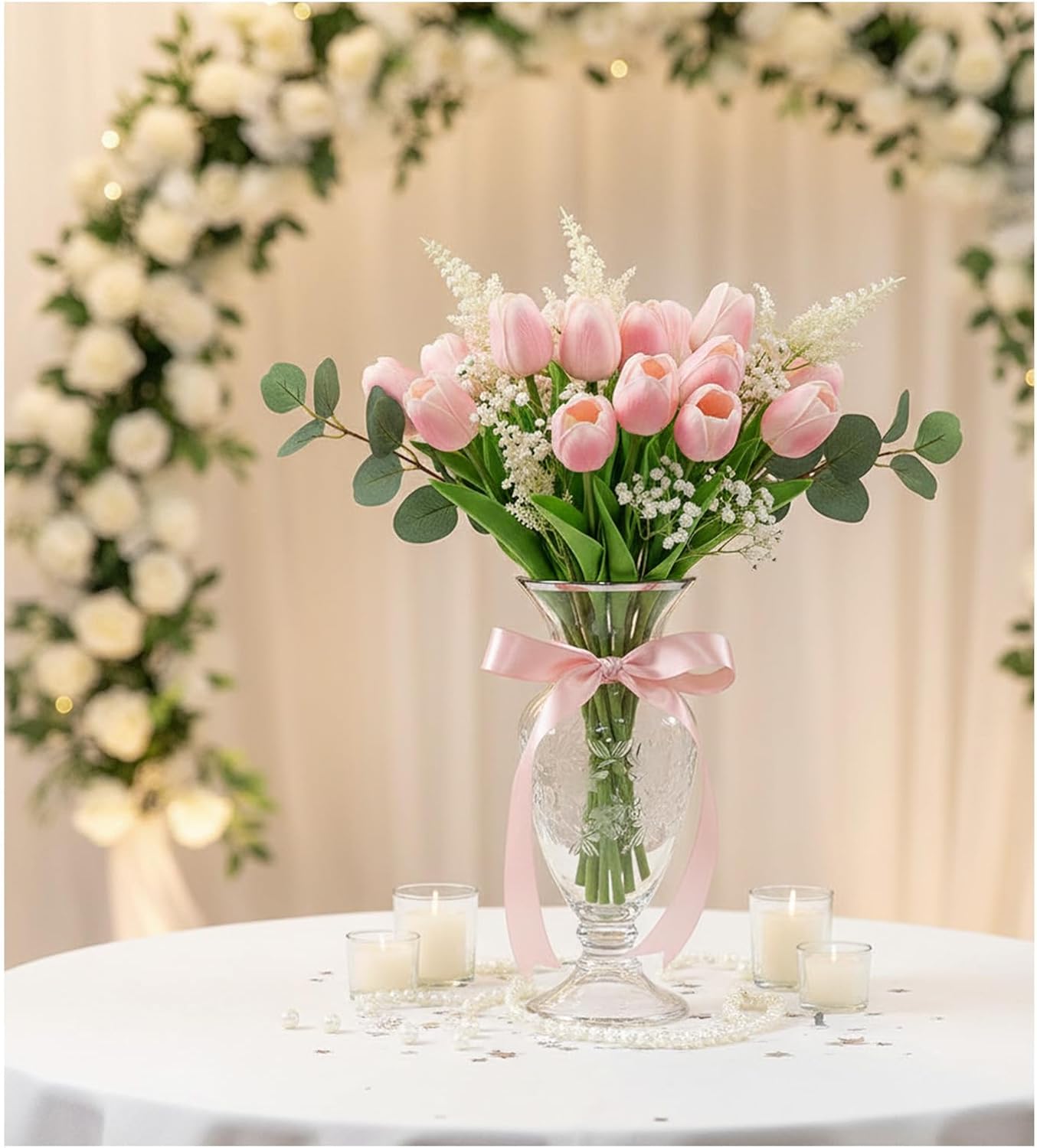 18pcs Artificial Tulips 13" PU Fake Flower Bouquet | Light Pink Tulips with PU Petals & Wire Stem. Ideal for Bedroom, Nursery, Photo Props, Gifts, DIY Flower Arrangement