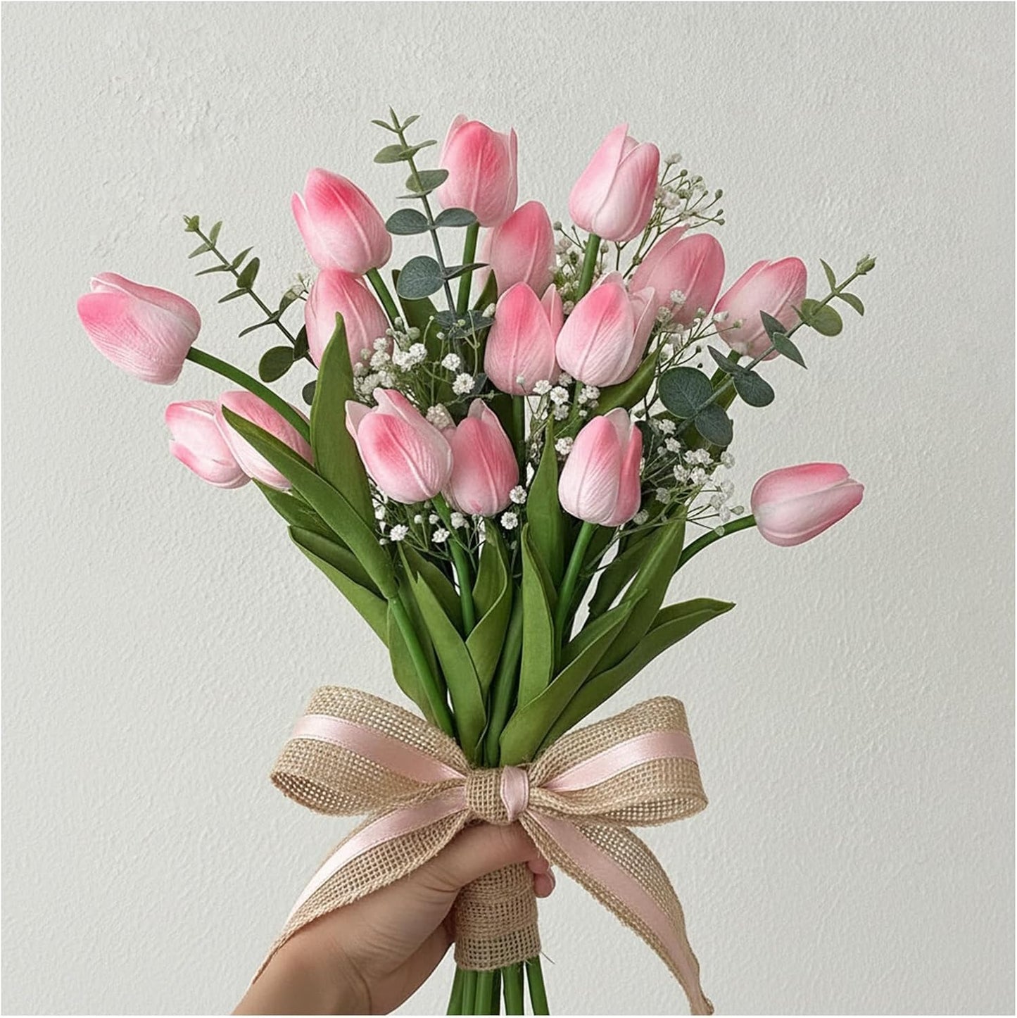 18pcs Artificial Tulips 13" PU Fake Flower Bouquet | Light Pink Tulips with PU Petals & Wire Stem. Ideal for Bedroom, Nursery, Photo Props, Gifts, DIY Flower Arrangement