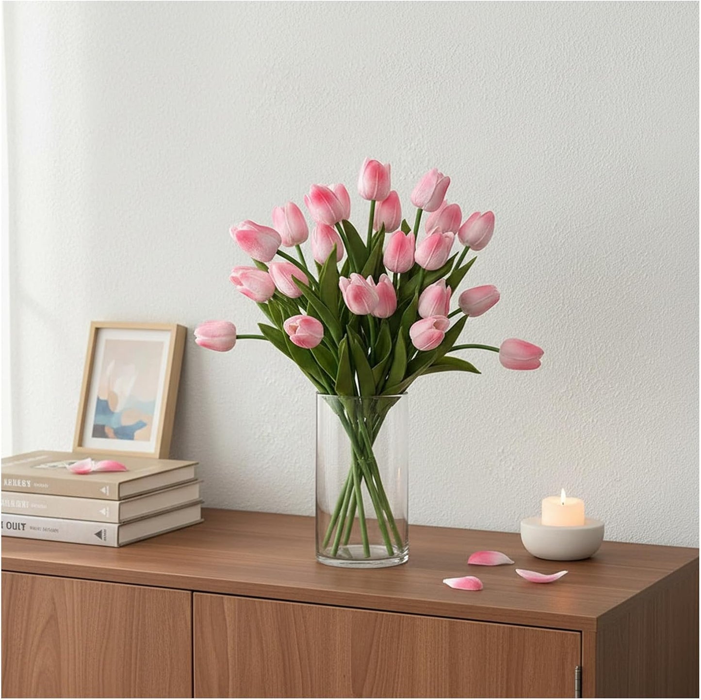 18pcs Artificial Tulips 13" PU Fake Flower Bouquet | Light Pink Tulips with PU Petals & Wire Stem. Ideal for Bedroom, Nursery, Photo Props, Gifts, DIY Flower Arrangement