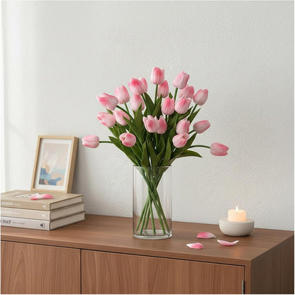 18pcs Artificial Tulips 13" PU Fake Flower Bouquet | Light Pink Tulips with PU Petals & Wire Stem. Ideal for Bedroom, Nursery, Photo Props, Gifts, DIY Flower Arrangement